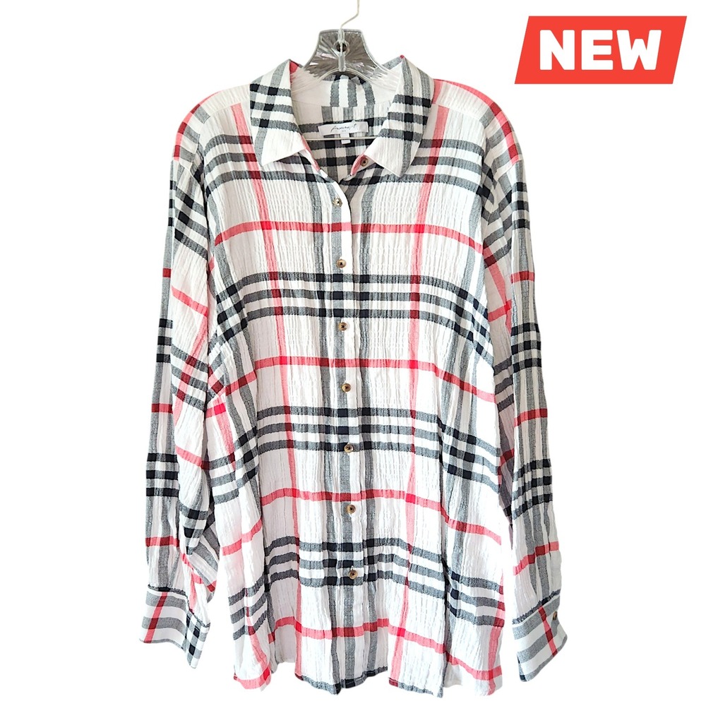 Foxcroft Women's 20W Rhea Gauzy Long Sleeve Herringbone Pucker Tartan White NWT
